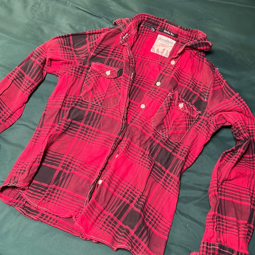 Gildan Red and Black Plaid Women's Button Down Shirt